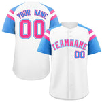 Custom White Powder Blue Contrast Raglan Sleeves Baseball Jersey | BuyFootballJersey