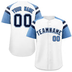 Custom White Light Blue Contrast Raglan Sleeves Baseball Jersey | BuyFootballJersey