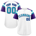 Custom White Purple Contrast Raglan Sleeves Baseball Jersey | BuyFootballJersey