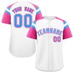 Custom White Pink Contrast Raglan Sleeves Baseball Jersey | BuyFootballJersey