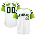 Custom White Neon Green Contrast Raglan Sleeves Baseball Jersey | BuyFootballJersey