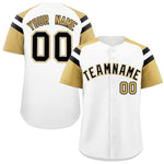 Custom White Old Gold Contrast Raglan Sleeves Baseball Jersey | BuyFootballJersey