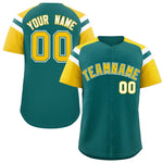 Custom Aqua Gold Contrast Raglan Sleeves Baseball Jersey | BuyFootballJersey