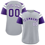 Custom Silver Purple Contrast Raglan Sleeves Baseball Jersey | BuyFootballJersey