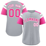 Custom Silver Pink Contrast Raglan Sleeves Baseball Jersey | BuyFootballJersey