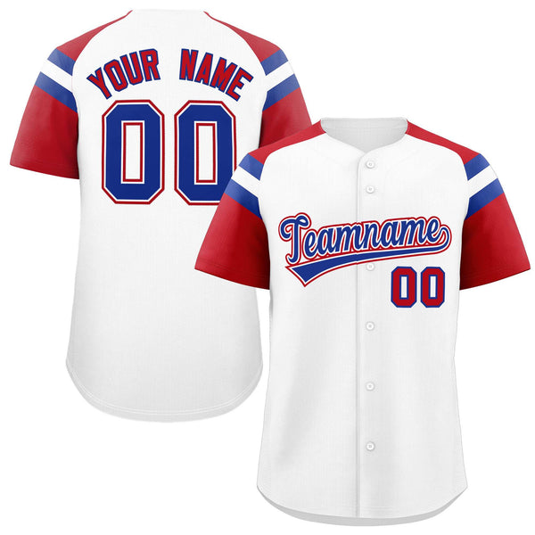 Custom White Red Contrast Raglan Sleeves Baseball Jersey | BuyFootballJersey
