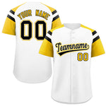 Custom White Gold Contrast Raglan Sleeves Baseball Jersey | BuyFootballJersey