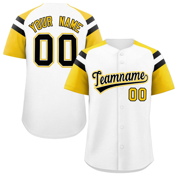 Custom White Gold Contrast Raglan Sleeves Baseball Jersey | BuyFootballJersey