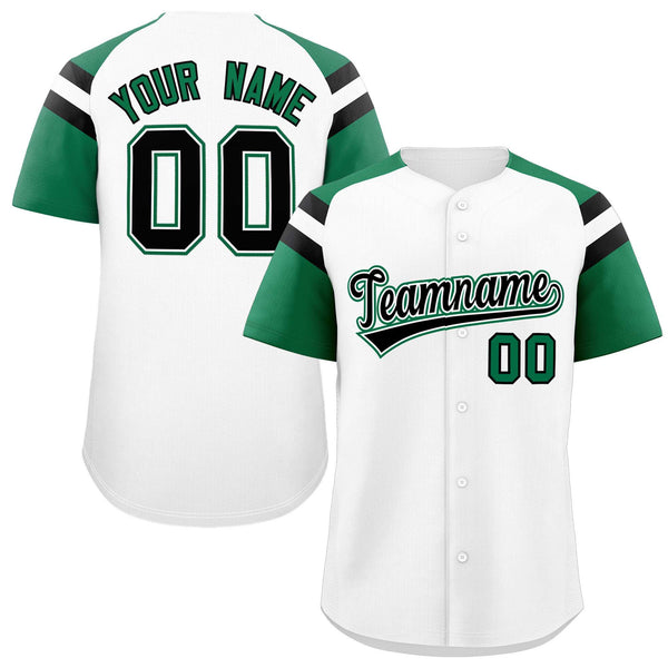 Custom White Kelly Green Contrast Raglan Sleeves Baseball Jersey | BuyFootballJersey