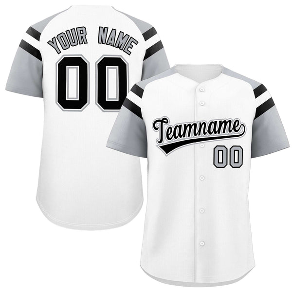 Custom White Silver Contrast Raglan Sleeves Baseball Jersey | BuyFootballJersey