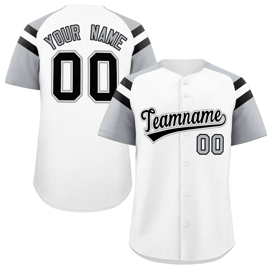 Custom White Silver Contrast Raglan Sleeves Baseball Jersey | BuyFootballJersey