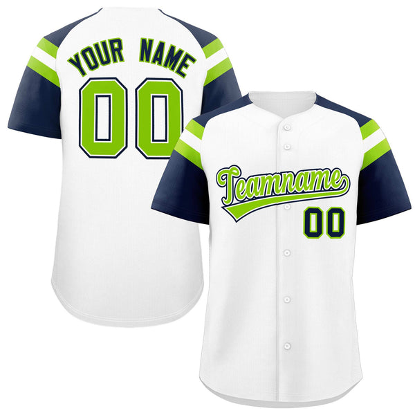 Custom White Navy Contrast Raglan Sleeves Baseball Jersey | BuyFootballJersey