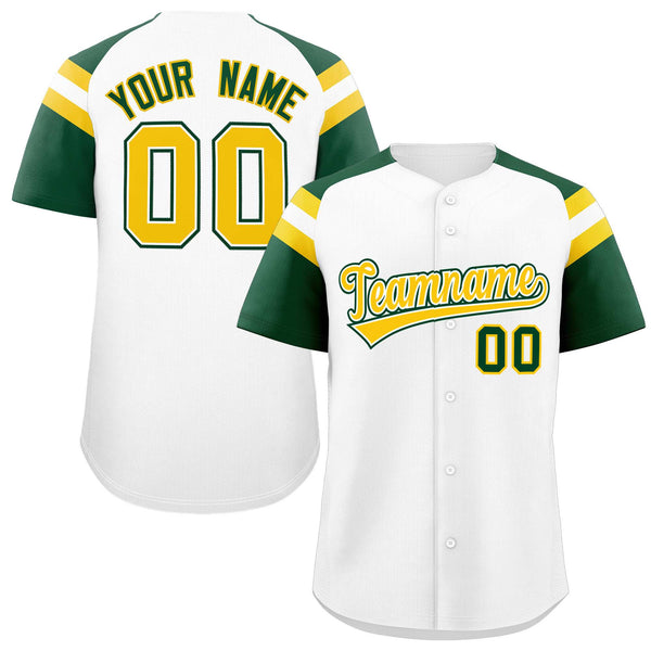 Custom White Green Contrast Raglan Sleeves Baseball Jersey | BuyFootballJersey