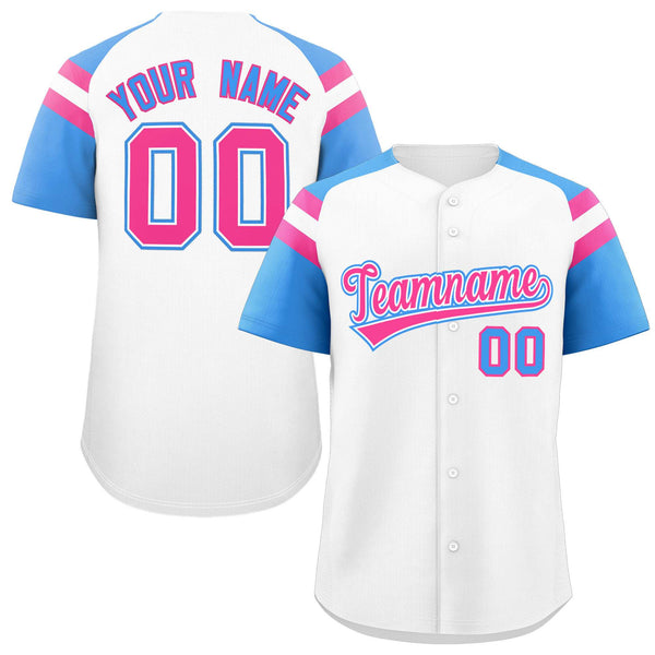 Custom White Powder Blue Contrast Raglan Sleeves Baseball Jersey | BuyFootballJersey