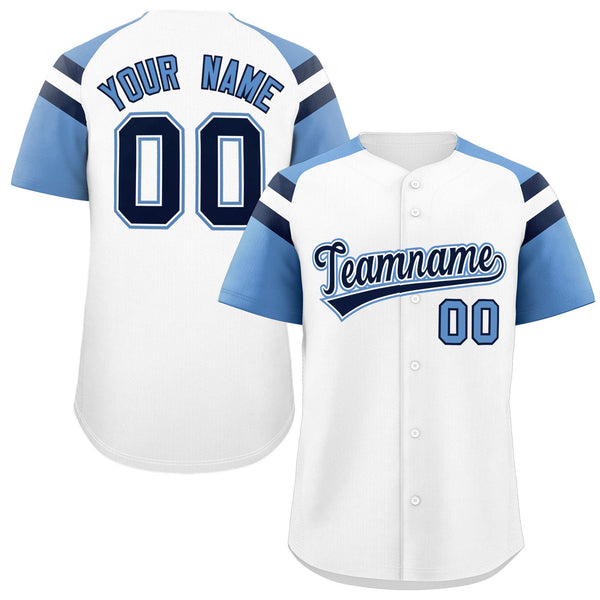 Custom White Light Blue Contrast Raglan Sleeves Baseball Jersey | BuyFootballJersey