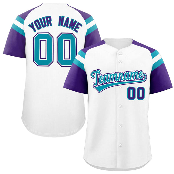 Custom White Purple Contrast Raglan Sleeves Baseball Jersey | BuyFootballJersey
