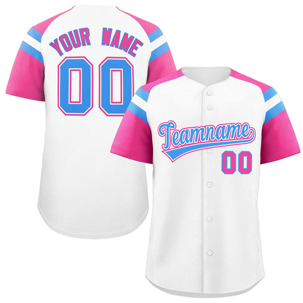 Custom White Pink Contrast Raglan Sleeves Baseball Jersey | BuyFootballJersey