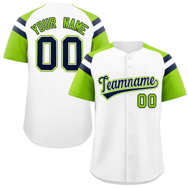 Custom White Neon Green Contrast Raglan Sleeves Baseball Jersey | BuyFootballJersey