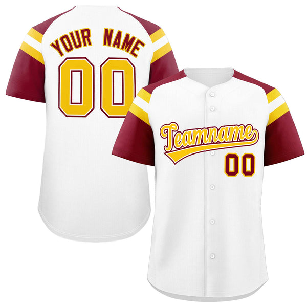 Custom White Crimson Contrast Raglan Sleeves Baseball Jersey | BuyFootballJersey