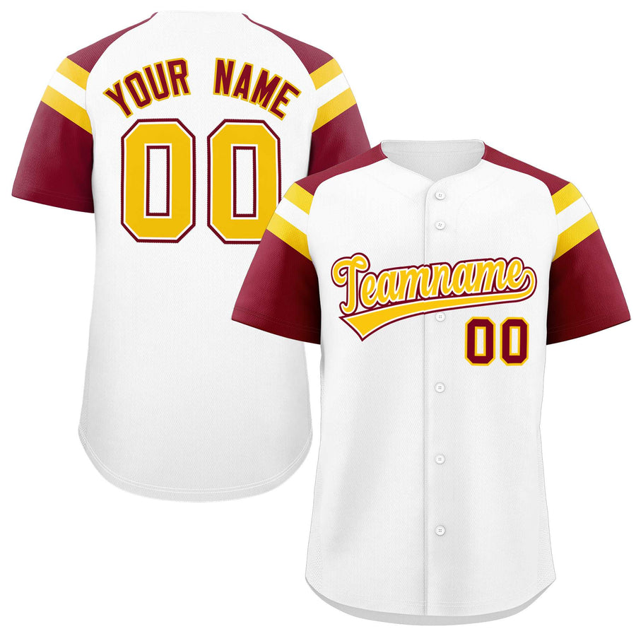Custom White Crimson Contrast Raglan Sleeves Baseball Jersey | BuyFootballJersey