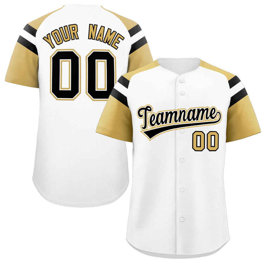 Custom White Old Gold Contrast Raglan Sleeves Baseball Jersey | BuyFootballJersey