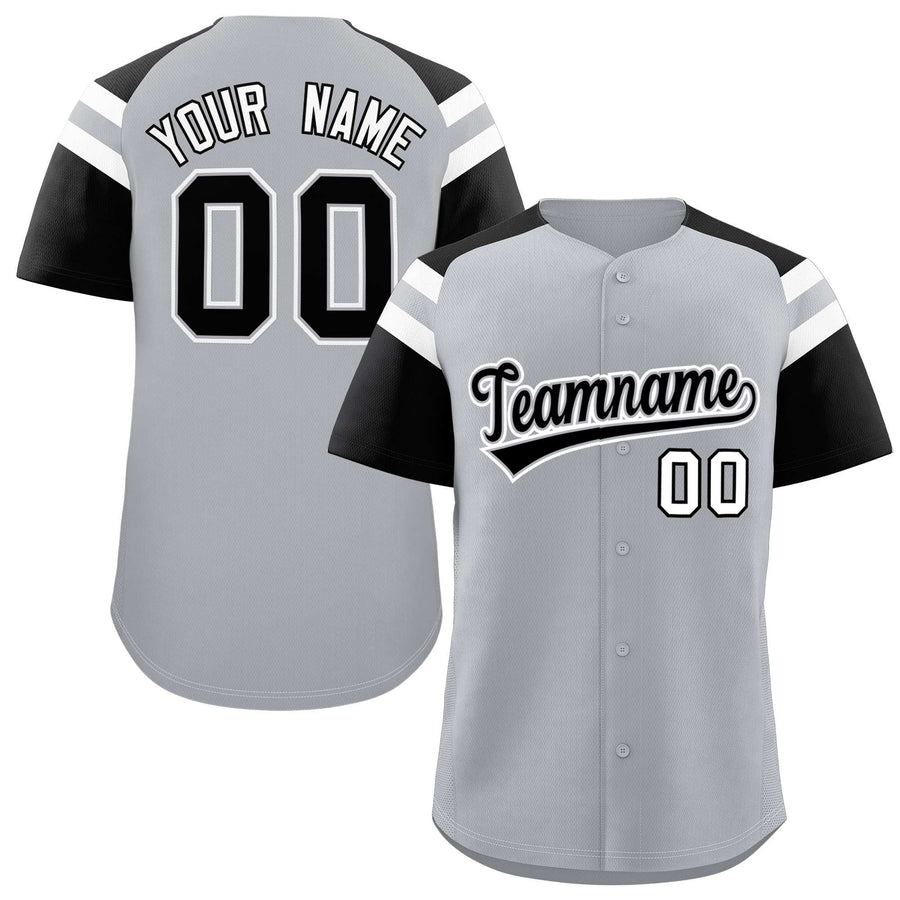 Custom Silver Black Contrast Raglan Sleeves Baseball Jersey | BuyFootballJersey