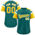 Custom Aqua Gold Contrast Raglan Sleeves Baseball Jersey | BuyFootballJersey