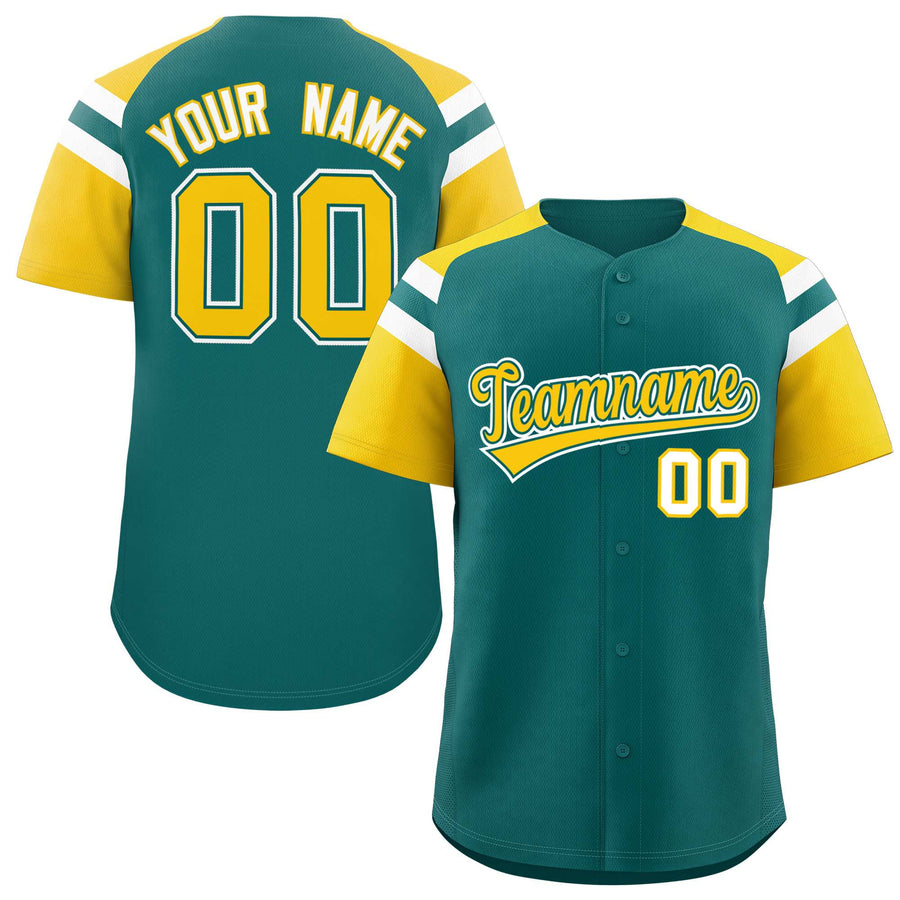 Custom Aqua Gold Contrast Raglan Sleeves Baseball Jersey | BuyFootballJersey