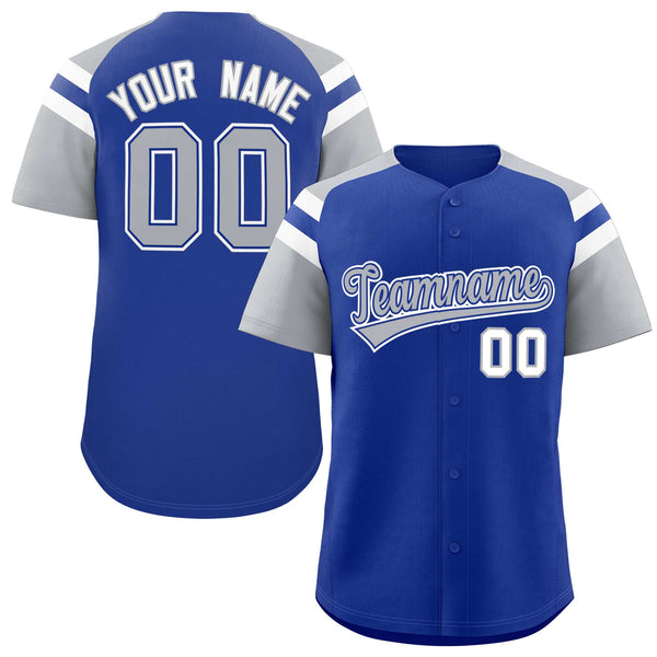 Custom Royal Silver Contrast Raglan Sleeves Baseball Jersey | BuyFootballJersey