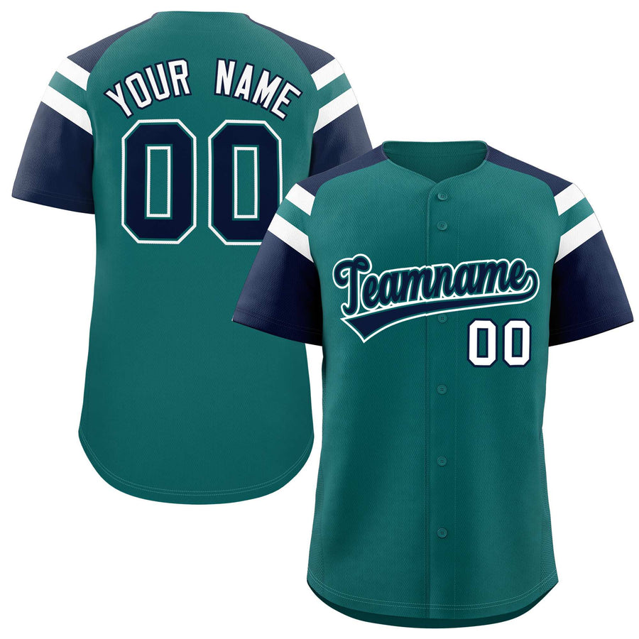 Custom Aqua Navy Contrast Raglan Sleeves Baseball Jersey | BuyFootballJersey