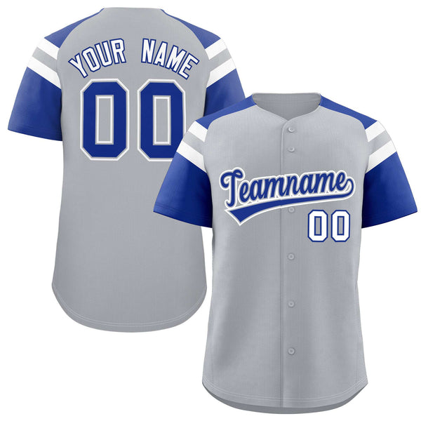 Custom Silver Royal Contrast Raglan Sleeves Baseball Jersey | BuyFootballJersey
