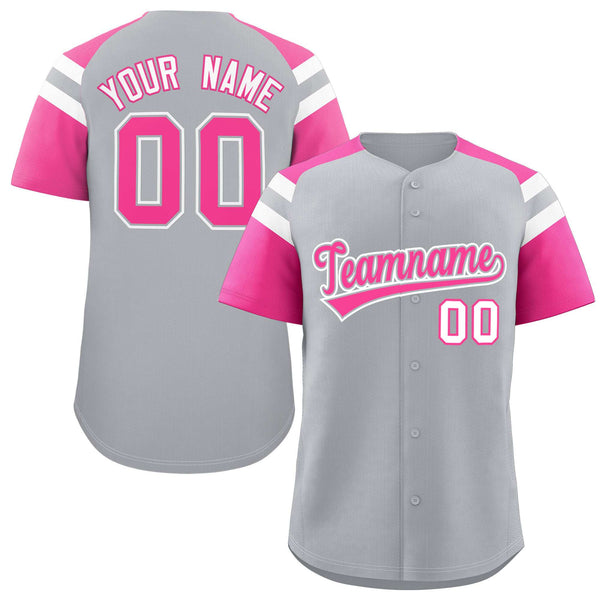 Custom Silver Pink Contrast Raglan Sleeves Baseball Jersey | BuyFootballJersey