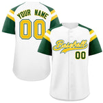 Custom White Green Contrast Raglan Sleeves Baseball Jersey | BuyFootballJersey