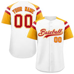 Custom White Yellow Contrast Raglan Sleeves Baseball Jersey | BuyFootballJersey