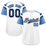 Custom White Light Blue Contrast Raglan Sleeves Baseball Jersey | BuyFootballJersey