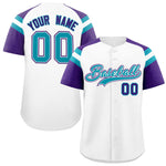 Custom White Purple Contrast Raglan Sleeves Baseball Jersey | BuyFootballJersey