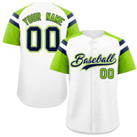 Custom White Neon Green Contrast Raglan Sleeves Baseball Jersey | BuyFootballJersey