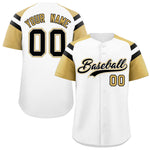 Custom White Old Gold Contrast Raglan Sleeves Baseball Jersey | BuyFootballJersey