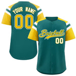 Custom Aqua Gold Contrast Raglan Sleeves Baseball Jersey | BuyFootballJersey