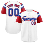 Custom White Red Contrast Raglan Sleeves Baseball Jersey | BuyFootballJersey