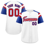 Custom White Royal Contrast Raglan Sleeves Baseball Jersey | BuyFootballJersey