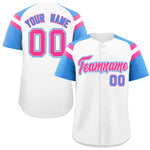 Custom White Powder Blue Contrast Raglan Sleeves Baseball Jersey | BuyFootballJersey