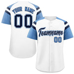 Custom White Light Blue Contrast Raglan Sleeves Baseball Jersey | BuyFootballJersey