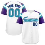 Custom White Purple Contrast Raglan Sleeves Baseball Jersey | BuyFootballJersey