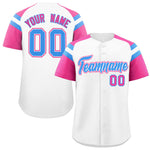 Custom White Pink Contrast Raglan Sleeves Baseball Jersey | BuyFootballJersey