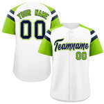 Custom White Neon Green Contrast Raglan Sleeves Baseball Jersey | BuyFootballJersey