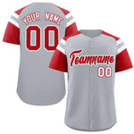 Custom Silver Red Contrast Raglan Sleeves Baseball Jersey | BuyFootballJersey