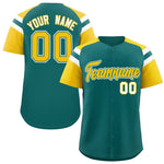 Custom Aqua Gold Contrast Raglan Sleeves Baseball Jersey | BuyFootballJersey