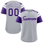 Custom Silver Purple Contrast Raglan Sleeves Baseball Jersey | BuyFootballJersey