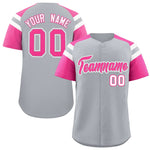 Custom Silver Pink Contrast Raglan Sleeves Baseball Jersey | BuyFootballJersey